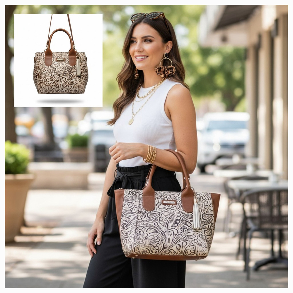 Brown Off White Zippered Floral Embossed Tooled Artisanal LEATHER Bag Purse - Picture 1 of 15
